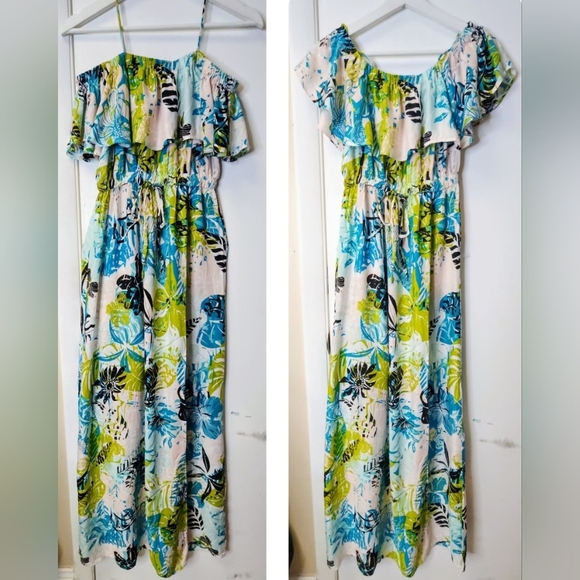 ATMOSPHERE Tropical Floral Off shoulder Cinched Tie Waist Maxi Dress Size 6 - Picture 2 of 16